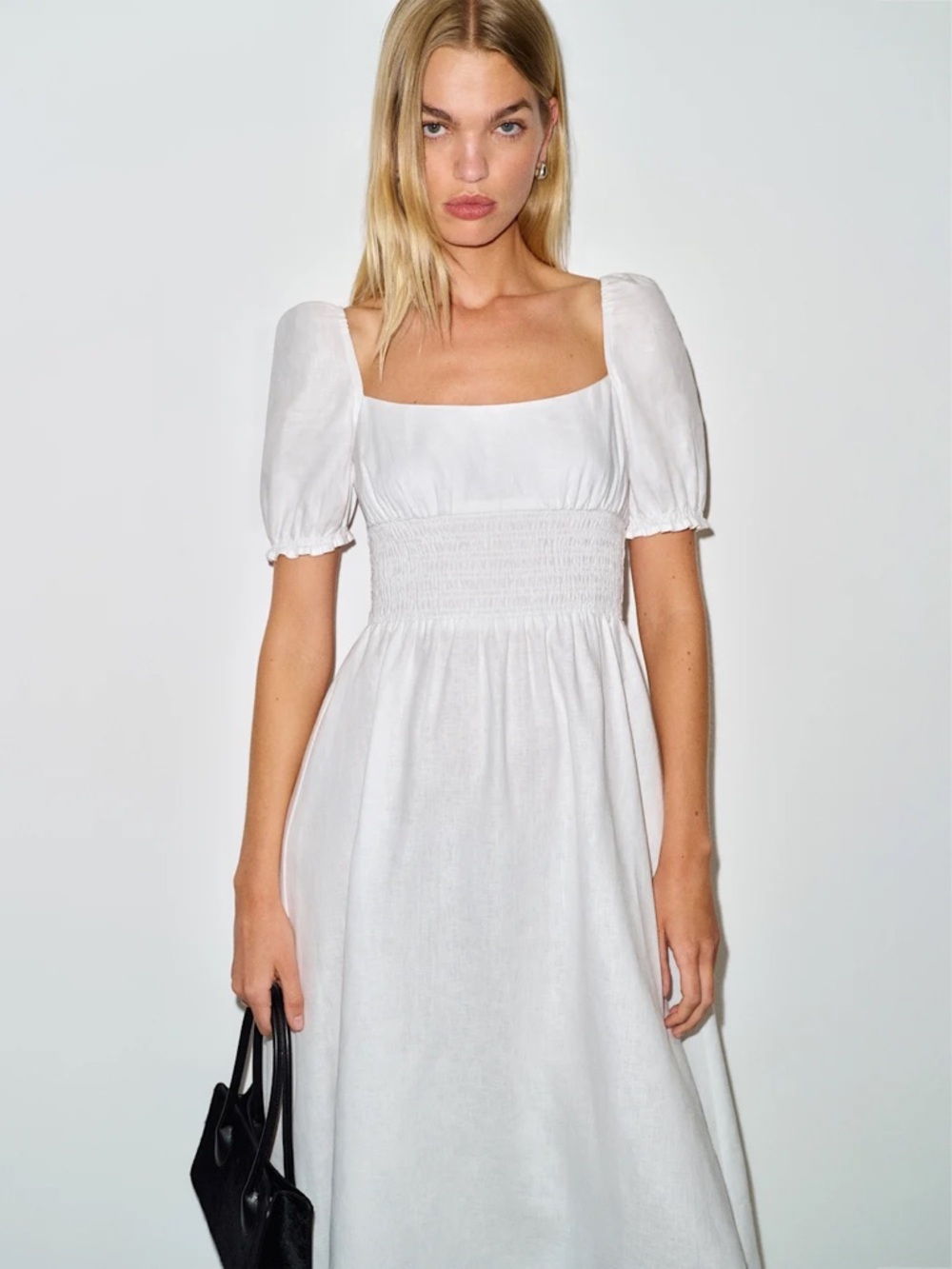 NEW Reformation Adler Linen Midi Smocked Puff Sleeve Dress White | US 4 UK 8